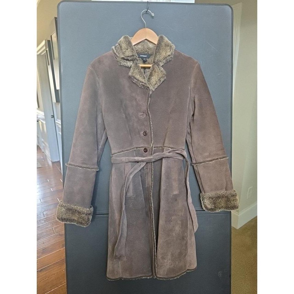 Express Vintage Y2K Suede Leather Faux Fur Belted Button Up Trench Coat Brown L